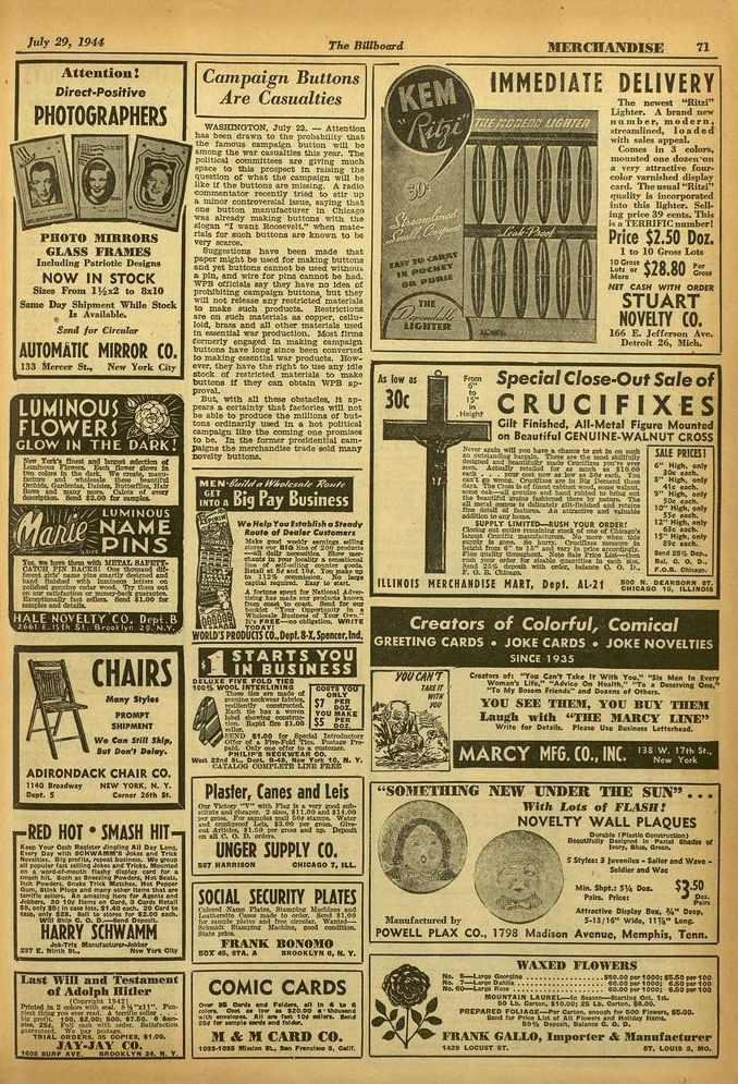 July 29. 1941 The Billboard MIT.IICTIAN'DISE 71 I Attention! Direct -Positive PHOTOGRAPHERS PHOTO MIRRORS GLASS FRAMES Including Patriotic Design's NOW IN STOCK Sixes From 1!