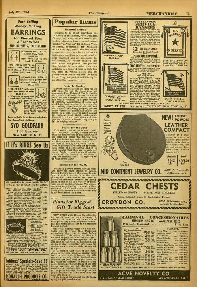 July 29, 1941 The Billboard /tierchandise 73 Fast Selling Money Making EARRINGS for Pierced Ears All Ear Wires STERLING SILVER, GOLD PLATED C T.450 -DROP CROSS. Andhor, Var. Plena $3.60 De..,650-5.1. as above with 'ewe,.