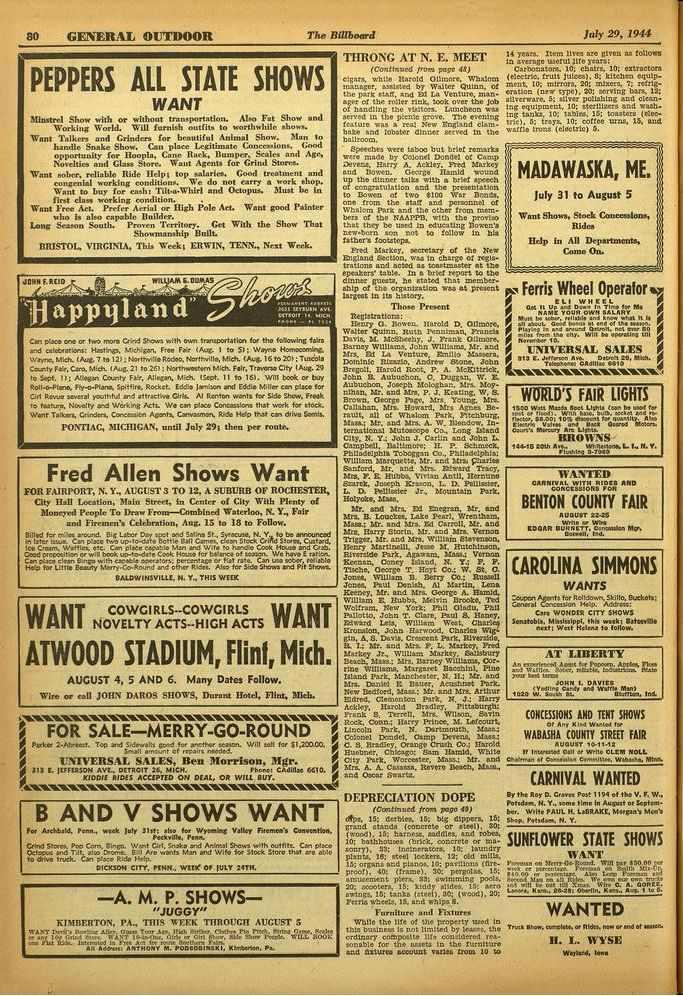 80 GENERAL OUTDOOR The Billboard July 29, 1944 PEPPERS ALL STATE SHOWS WANT Minstrel Show with or without tromportation. Moo Fat Show and Working World. Will fornioli outfits to worthwhile rho.