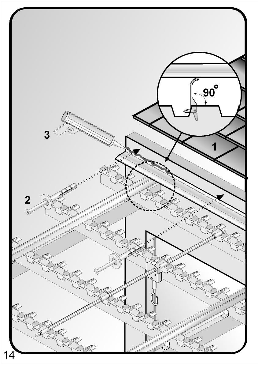 Installation of Optional Cap Flashing (110) and Remaining Louvers Set system to 90 opened position. Fig (13-1) Connect cap flashing (not included) to wall using screws (E). Maintain a distance of 0.