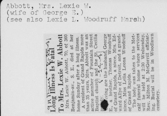 The deceased recorded in this obituary would be indexed in the following manner: Given Names: Lexie W Or Lexie L Surname: Woodruff