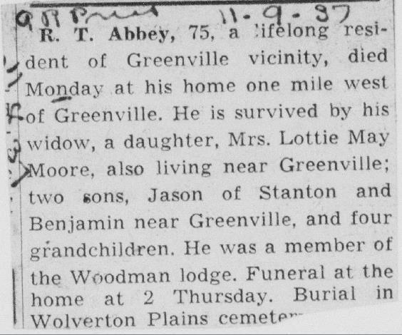 This document would have four records indexed from it: R T Abbey (who was the deceased) Age: 75 Death Month: Nov Death Day: 9 Death Year: 1937 Death Town or City: Greenville