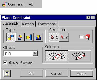 Applying Assembly Constraints to Individual Parts Activating the Place Constraint dialog box allows you to place the following constraints: Mate or Flush, Angle, Tangent, and Insert.