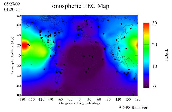 Total Electron Count These maps are also used to monitor ionospheric weather, and to nowcast ionospheric storms that often occur responding to activities in solar wind