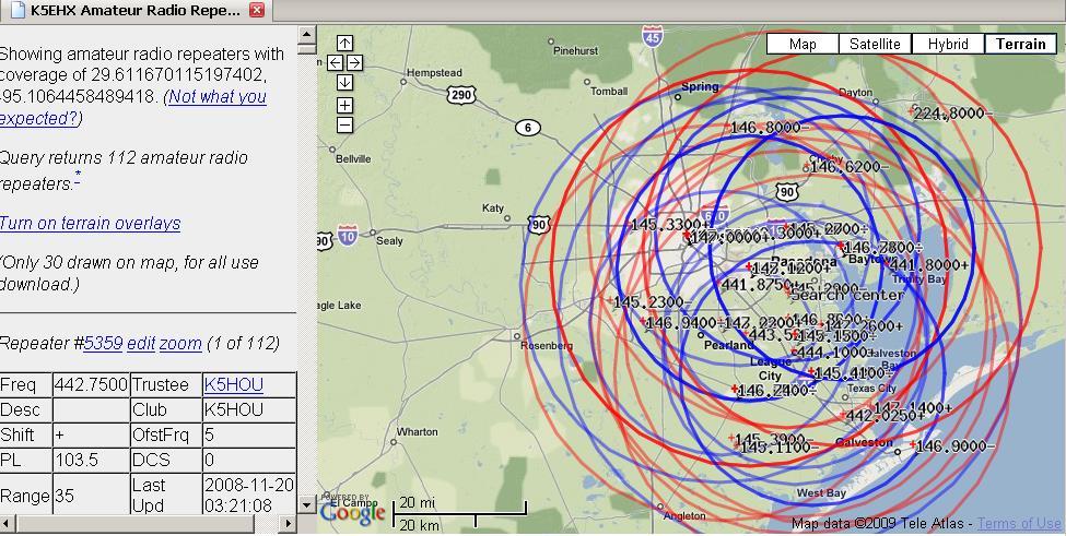 Repeater Maps Online repeater mapping from K5EHX with 30 mile range rings.