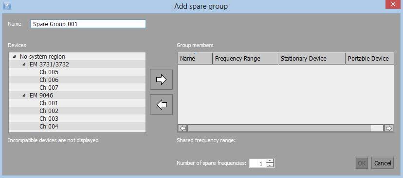 Spare groups: 1. In WSM 4.1, a default name similar to that used in the Add freq./band dialog has been added in the Add spare group dialog. 2.