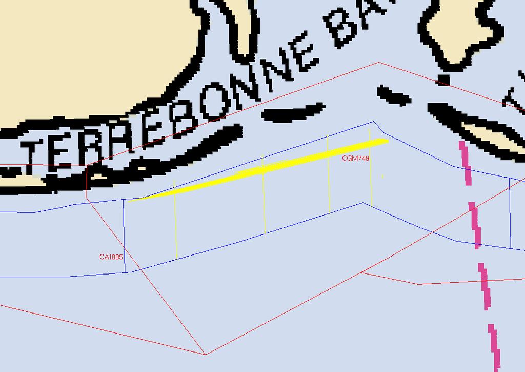 Figure 6. Track Lines of Data Used for This Paper (yellow lines), with Port Fourchon, La. (8762075), and Caillou Bay, La. (8763535), Tide Zoning (red polygons).