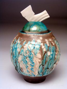 painting,, carved, expanded $120 114R Undersea Covered Jar with translucent