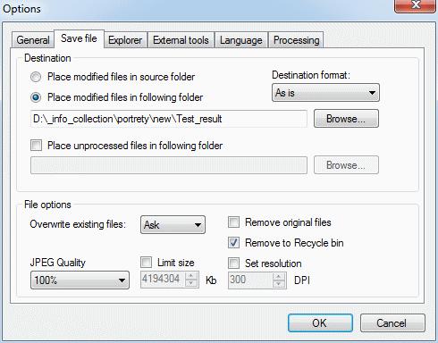 Figure 6. Options dialogue box, Save file tab. You can select the File options: remove original photos, overwrite them, etc.