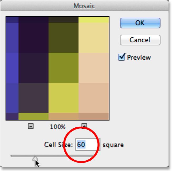 Keep an eye on your image in the document as you drag the Cell Size slider along the bottom of the dialog box left or right to increase or decrease the value. Larger values create larger squares.