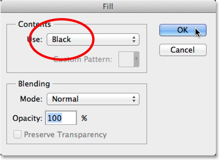 When the Fill dialog box appears, set the Use option at the top to Black, then click OK: Setting the Use option to