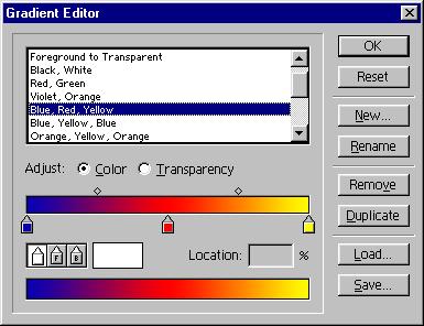 The Gradient Editor window pops up with the following fields: - List of gradients. - Adjust: to decide whether to adjust the colors or the transparency level.