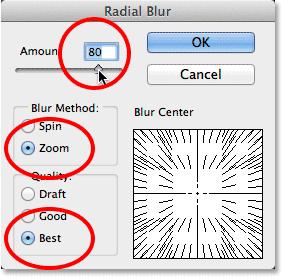 The Radial Blur options. Click OK to close out of the dialog box.