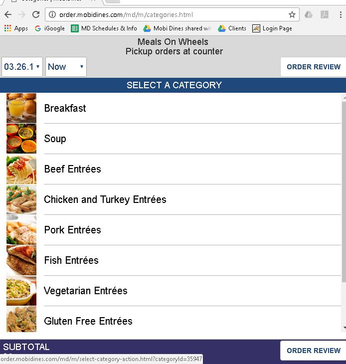 Step 1 Choose your Items: Click the Order Now button and select a meal category (they are the same as our printed menu). 1. When you click: a window will appear with all the menu categories that are on our printed menu.