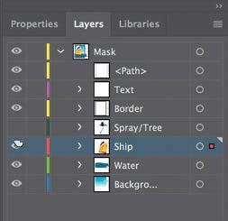 8 Click the Layers tab on the right side of the workspace to show the Layers panel. Click the eye icon ( ) to the left of the Spray/ Tree sublayer name to hide the artwork on that layer.
