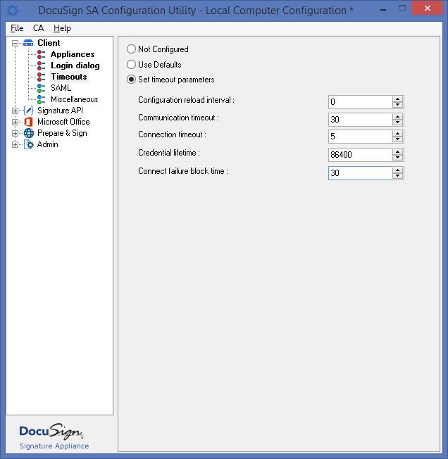 DocuSign Signature Appliance SharePoint Connector Guide 15 Figure 3 DocuSign SA Configuration Utility Client Configuration Timeout Parameters 11.