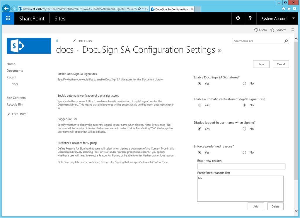 DocuSign Signature Appliance SharePoint Connector Guide 28 Figure 15 DocuSign SA Connector Configuration Settings Screen for Documents or Forms 5.