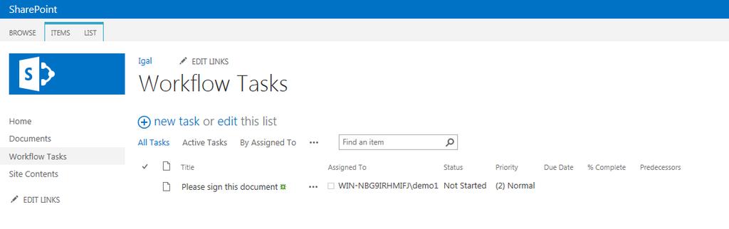 DocuSign Signature Appliance SharePoint Connector Guide 86 Signing a Document as Part of a Workflow Whenever a user is requested to sign a document as part of a workflow, the system creates a task