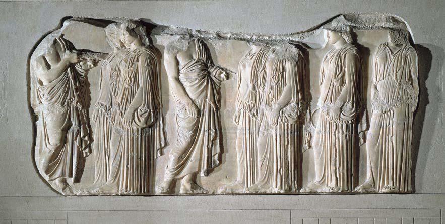 Title: Maidens and Stewards Artist: n/a Date: 447 438 BCE Source/Museum: Fragment of the Panathenaic Procession from the east frieze