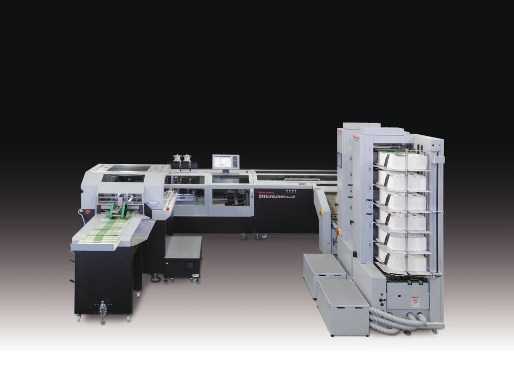The saddle-stitching system combines all processes, from flat sheet collating, scoring, folding, and saddle-stitching through three knife trimming into a single operation.