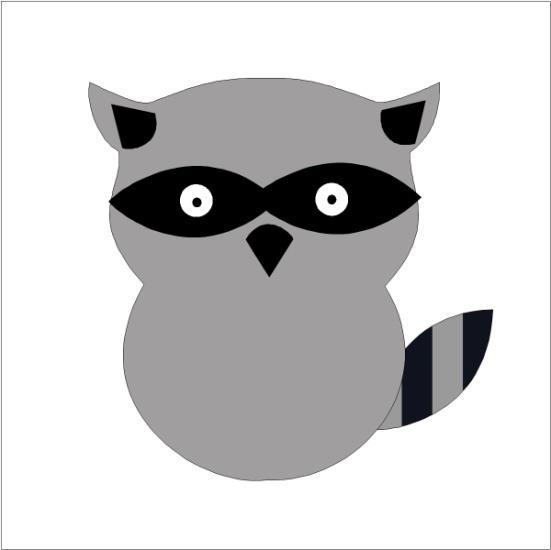 Block three Raccoon: 1 white 6½" square, 1 dark gray owl body, 3 black wings (mask and tail), 1 dark gray wing (tail stripes), 2 white ½"
