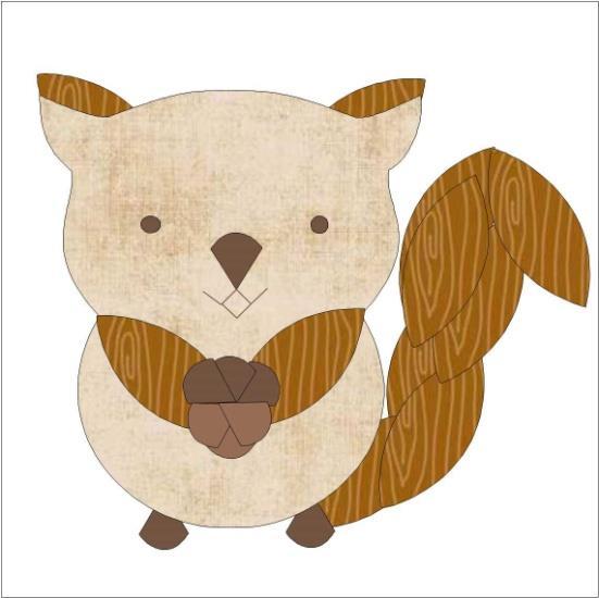 Block nine Squirrel: 1 white 6½" square, 1 light brown owl body, 11 golden brown wings (ears, arms, tail), 6 dark brown