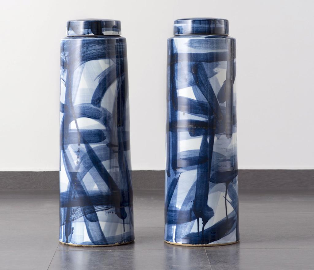 FELICITY AYLIEFF Pair of Blue & White Sentinel Lidded Jars, 2017 Thrown and glazed porcelain, hand-painted with