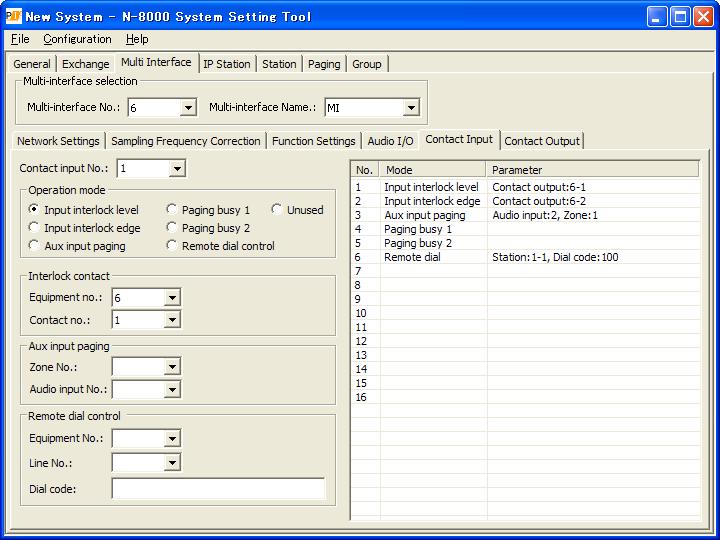 5.5.5. Contact input setting Chapter 5: SYSTEM SETTINGS BY SOFTWARE Multi Interface: Contact Input Step 1. Click on the Contact Input tab. The setting screen is displayed. Step 2.