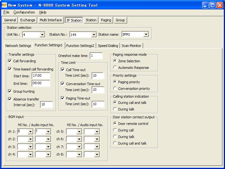 5.6.2. Function settings Chapter 5: SYSTEM SETTINGS BY SOFTWARE IP Station: Function Settings 1 Step 1. Click "Function Settings 1" tab to display the following setting screen.