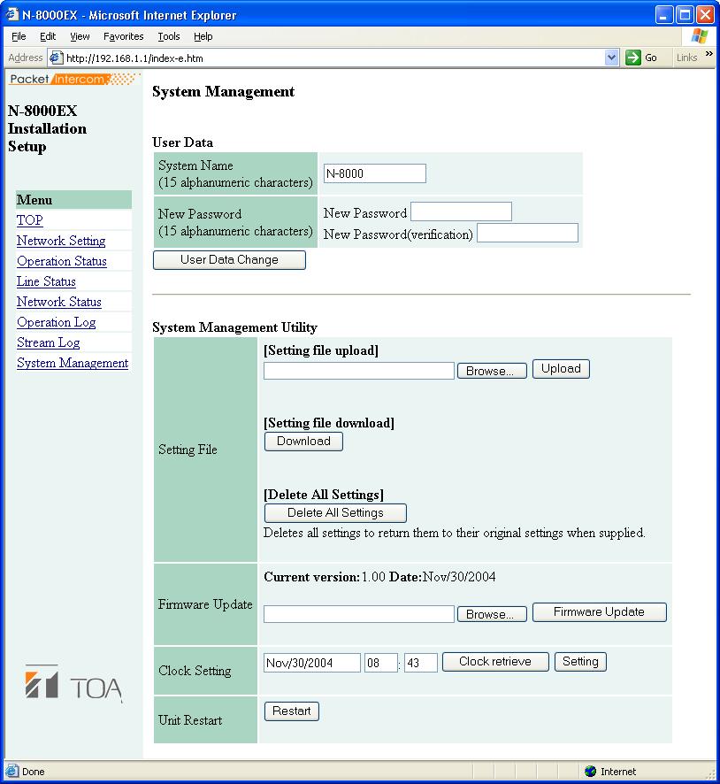 Chapter 6: SYSTEM SETTINGS USING THE BROWSER 10. SYSTEM MANAGEMENT Click "System Management" on the menu on the left side of the screen. The screen below is an example for the N-8000EX.