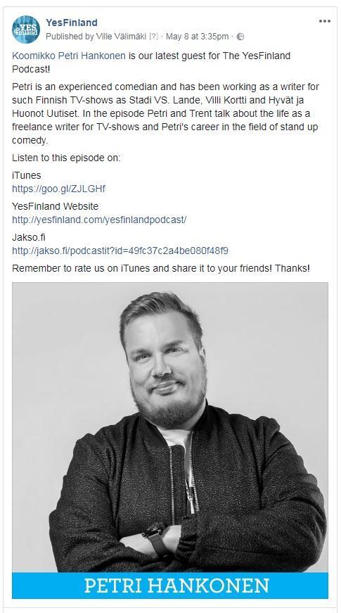 43 PICTURE 11. Screenshot of a Facebook post advertising an episode of the YesFinland Podcast.