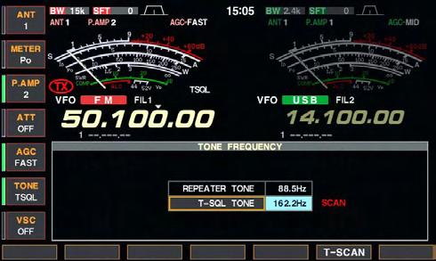 9 SCANS Tone scan [TONE] [F-4 DEF] [F-6 T-SCAN] [F-1 Y] [F-2 Z] [EXIT/SET] The transceiver can detect the subaudible tone frequency in a received signal.
