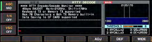 RECEIVE AND TRANSMIT 4 D Functions for the RTTY decoder indication [F-3 CLR] [F-6 MAIN/SUB] [F-7 WIDE] [F-2 HOLD] [RTTY/PSK] [EXIT/SET] Wide screen indication q Push a band key to select the desired