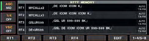 4 RECEIVE AND TRANSMIT D RTTY memory transmission Pre-set characters can be sent using the RTTY memory. Contents of the memory are set using the edit menu.