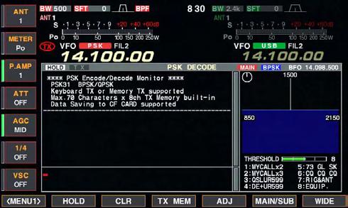 RECEIVE AND TRANSMIT 4 D Functions for the PSK decoder indication [F-3 CLR] [F-6 MAIN/SUB] [F-7 WIDE] [F-2 HOLD] [RTTY/PSK] [EXIT/SET] Wide screen indication q Push a band key to select the desired