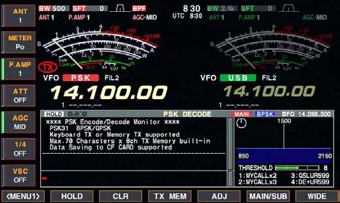 e Push [F-3 DECODE] to display the decoder screen. When tuned into a PSK signal, decoded characters are displayed in the RX contents screen. r Push [F-2 HOLD] to freeze the current screen.