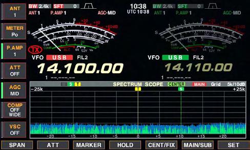 5 FUNCTIONS FOR RECEIVE Spectrum scope screen This function allows you to display the conditions of the selected band, as well as relative strengths of signals.