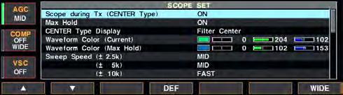 5 FUNCTIONS FOR RECEIVE D Mini scope screen indication The mini scope screen can be displayed with another screen indication, such as set mode menu, decoder screen, memory list screen, etc.