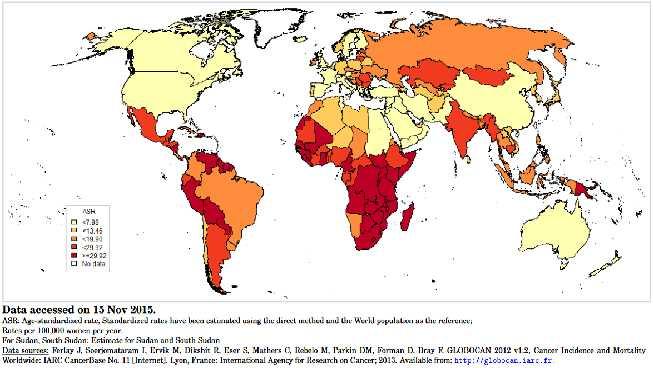 Figura nr. 1: Distribuţia mondială a ratelor de incidenţă standardizată pe vârstă a cancerului de col uterin (2012) Figura nr.