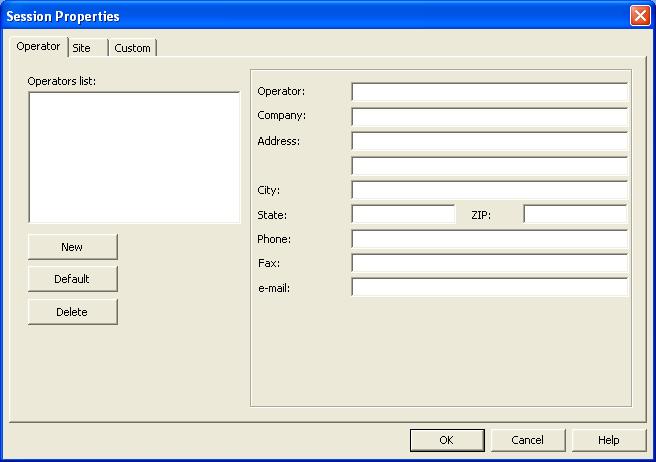 This will open the Session Properties dialog box: Figure 7-11 The Session Properties dialog box allows you to specify Operator, Site and Custom parameters that are to be saved with recorded data.