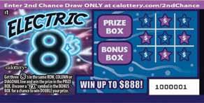 Electric 8 s Game #1109$ $ 1 Win Up to $888! How to play PRIZE PAYOUT 57% Get three s in the same ROW, COLUMN or DIAGONAL line and win the prize in the PRIZE BOX.
