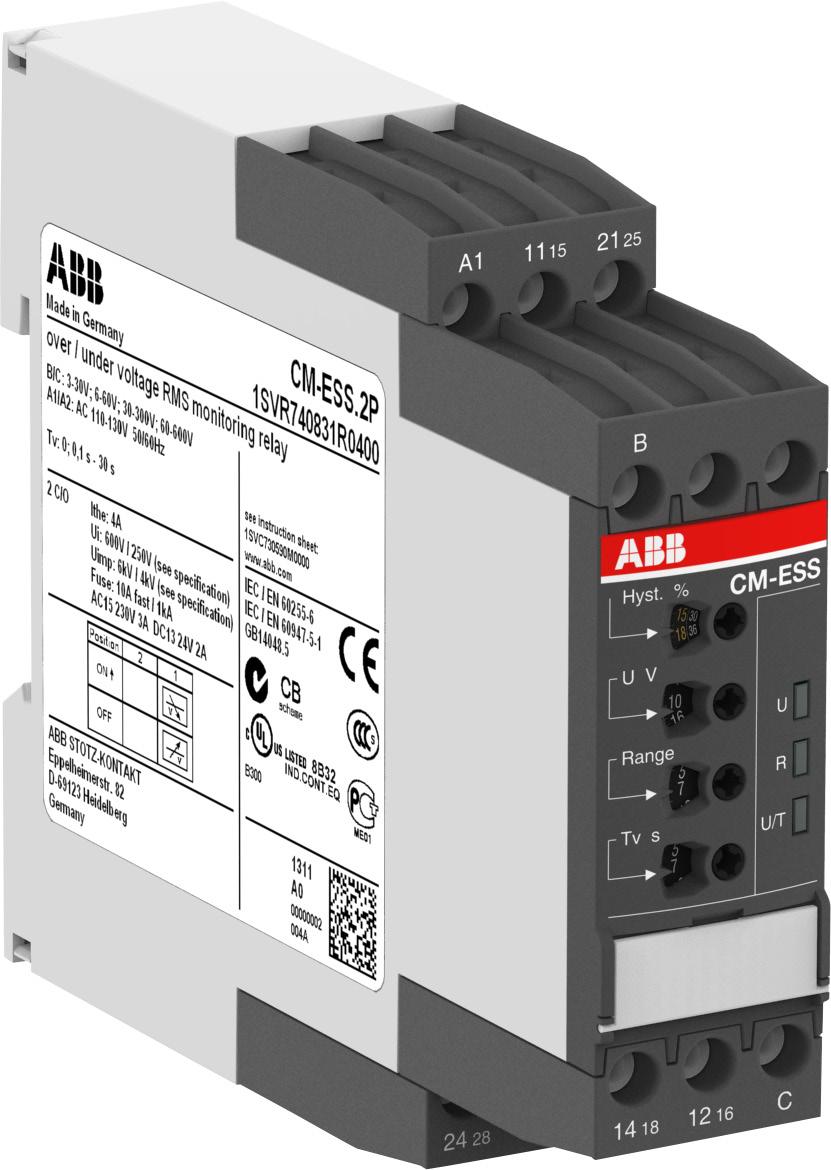 Functions Operating controls 1 Adjustment of the hysteresis 2 Adjustment of the threshold value 3 Indication of operational states U/T: green LED control supply voltage/timing 2CDC 251 249 F0005 1 2