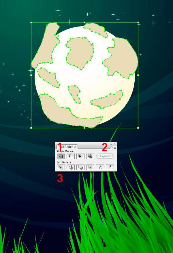 Step 23 Using the Pathfinder Palette click the Add to Shape option to merge your individual Moon craters (1).