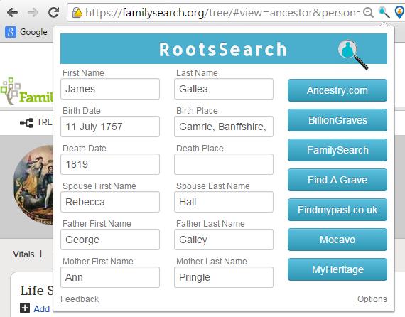 When you click on the RootsSearch icon, you will see this pop up window with all the info about the person you