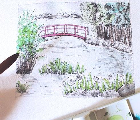 Reach for a big round brush and paint the water with a light translucent layer of watercolor.
