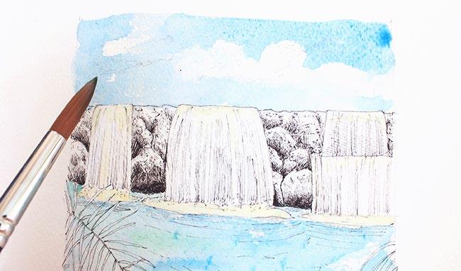 Step 5: Before we begin to paint with our watercolors, use masking fluid to cover up the white areas of the painting: the top of the waterfalls