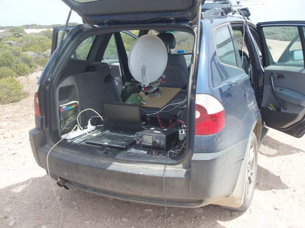 Figure 2: IC-910 and computer set up in the back of car the