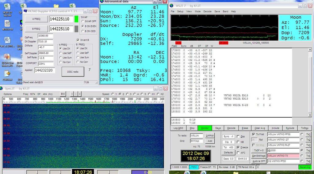 Figure 5: ScreenShot of QSO with W5LUA from within Motel Room From the screen shot one can see at the top right hand corner the Doppler correction program.
