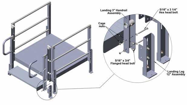 5.4 Single Stair Installation Detail.4 Fig.5.11 Parts List 1 - XP 1 Step Plank Assembly 2 - Landing 3 Handrail Assembly 2 - Landing Leg 12 Assembly 2 - XP 1 Step Stair Bracket Left and Right Hardware