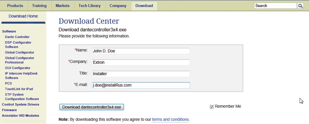 NetPA Series Setup uide (Continued) The Download Center page opens. 4 5 Figure 3. 4. Fill in the required fields. Download Center Dante Download 5. Click Download dantecontrollernxn.exe. 6.